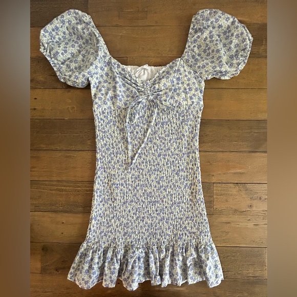 STORIA Smocked Bodycon Ditzy Floral Purple Green Mini Dress Puffy sleeves - Picture 3 of 9